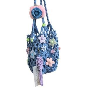 FLR PWR Macrame hippie Flower Power  gingham shoulder bag coin purse blue pink